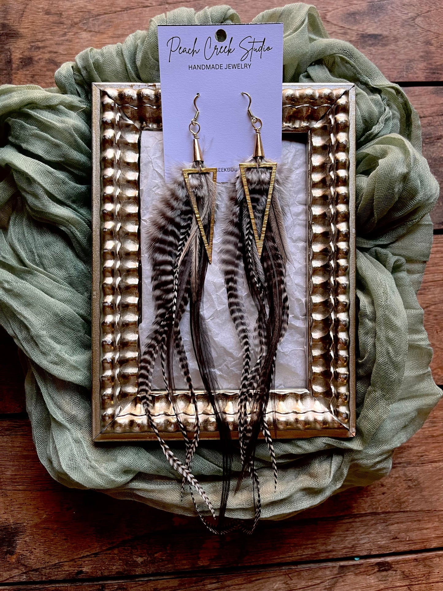 Geometric Feather Earrings with Gold Accents – Boho Statement Jewelry