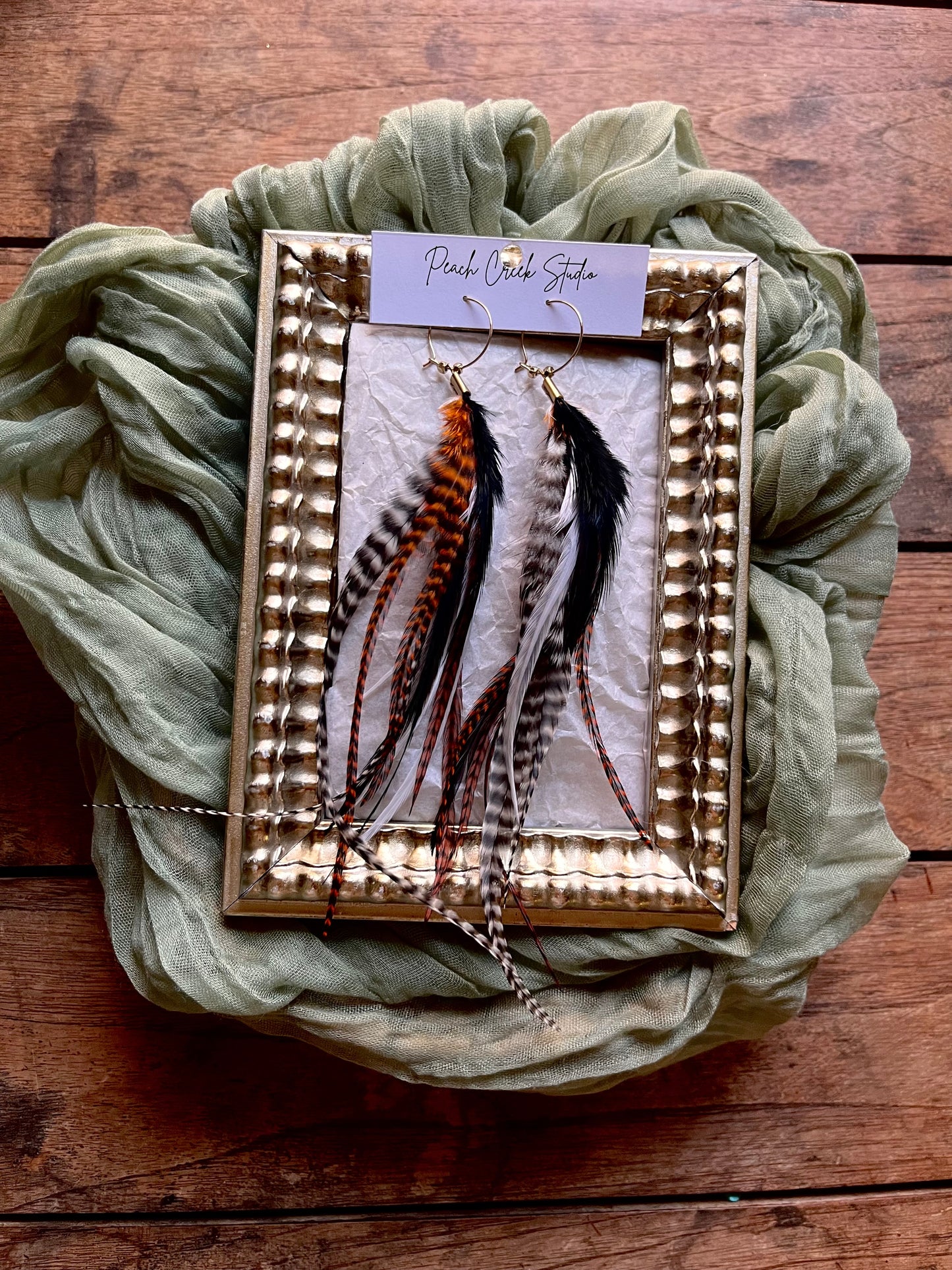 Rustic Feather Earrings – 8.5” Handmade Boho Statement Jewelry