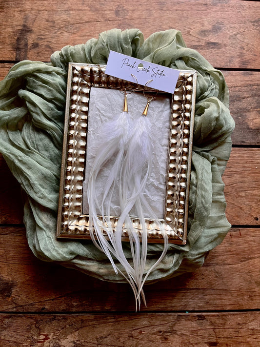 White Feather Earrings – 11” Extra Long Handmade Boho Jewelry