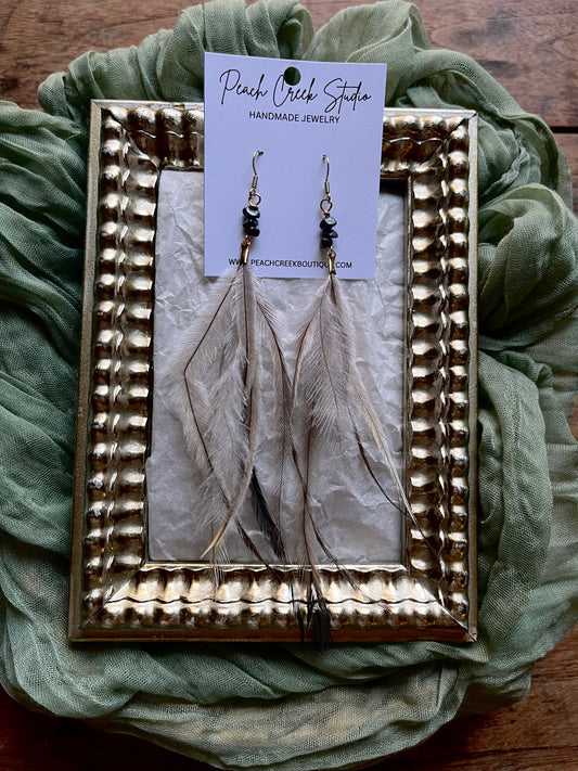 Emu Feather Earrings with Red Jasper Beads – 6–8” Handmade Boho Jewelry