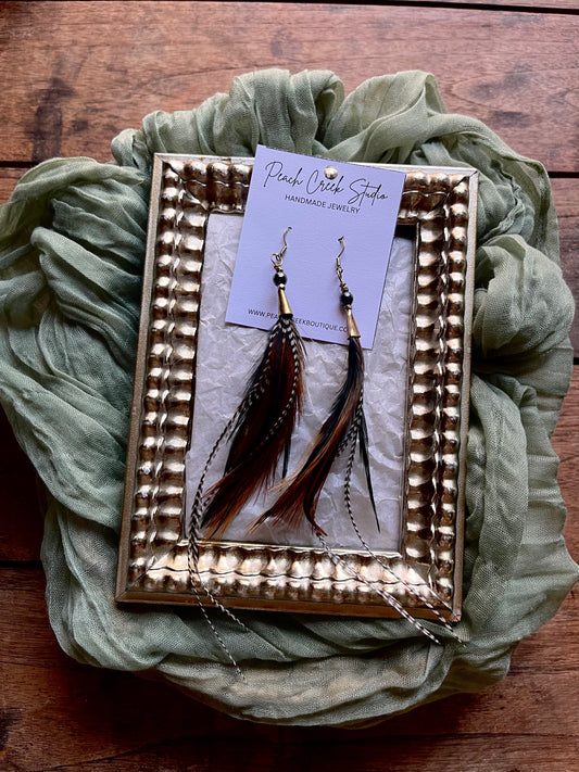 Natural Brown Feather Earrings with Gold Accents – 6” Handmade Boho Jewelry