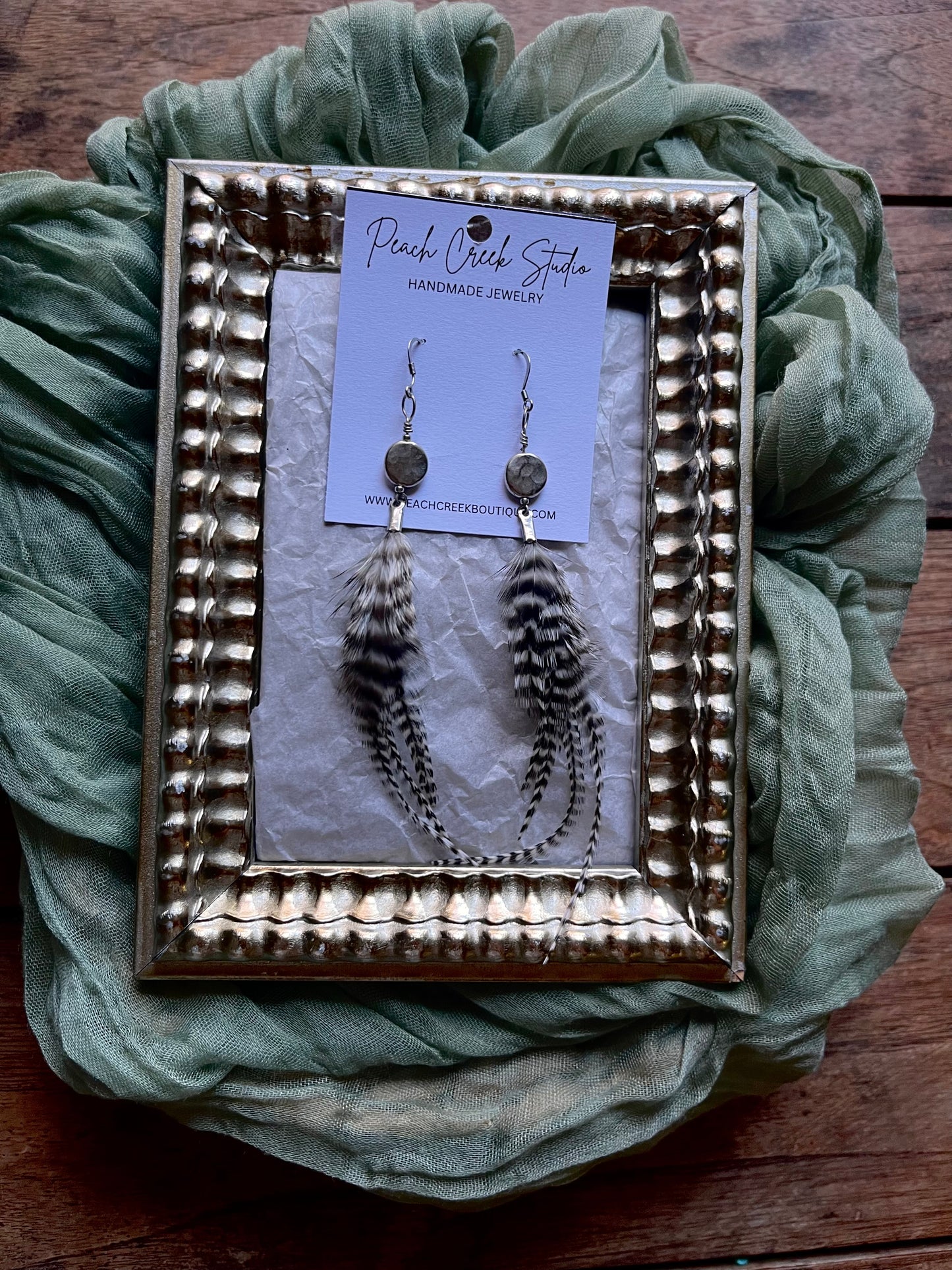 Natural Feather Earrings with Hammered Metal Accents – 3–4” Handmade Boho Jewelry