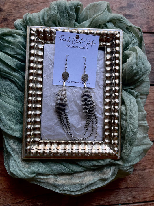 Natural Feather Earrings with Hammered Metal Accents – 3–4” Handmade Boho Jewelry