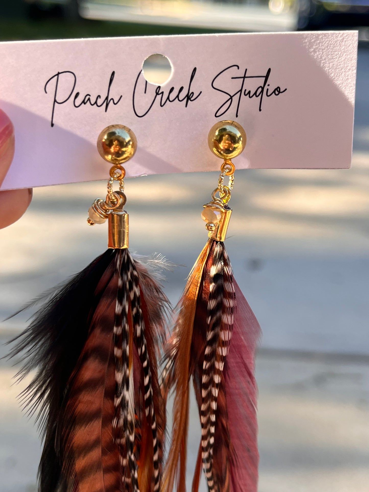 Handcrafted 12-14” Feather Earrings with Gold Studs – Boho Statement Jewelry